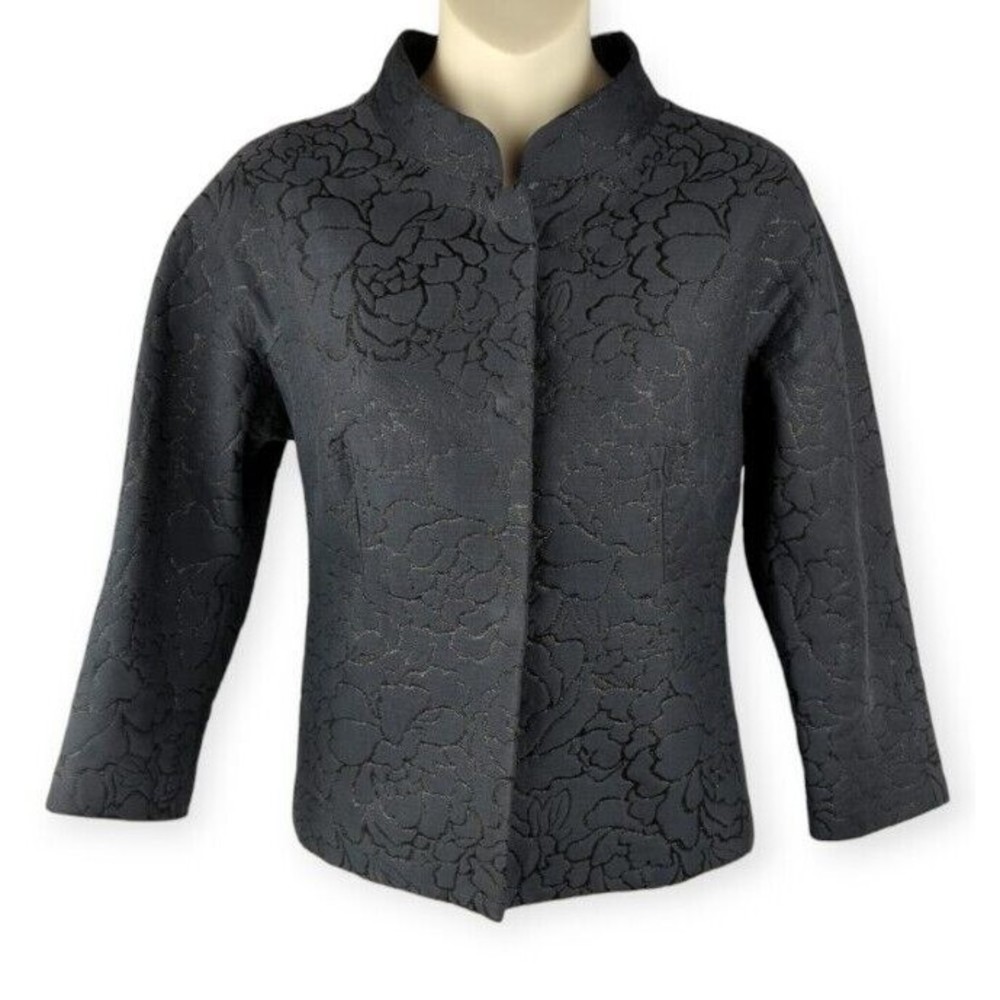 VIVIENNE TAM Black Floral Blazer Jacket Silk Silver Mandarin Collar 3/4 Slv 1 S
